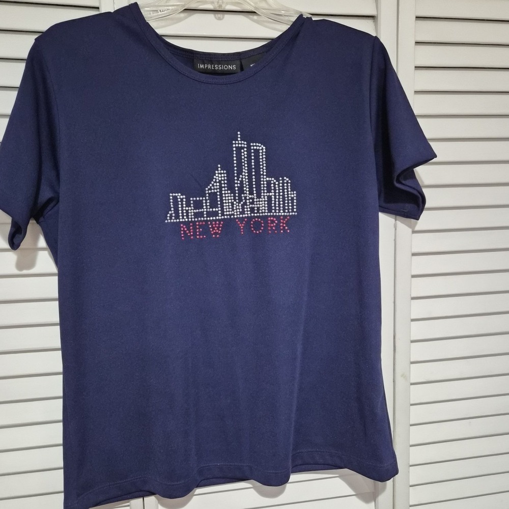 Impressions New York City Skyline Rhinestone Graphic Tee Navy Blue Womens Medium